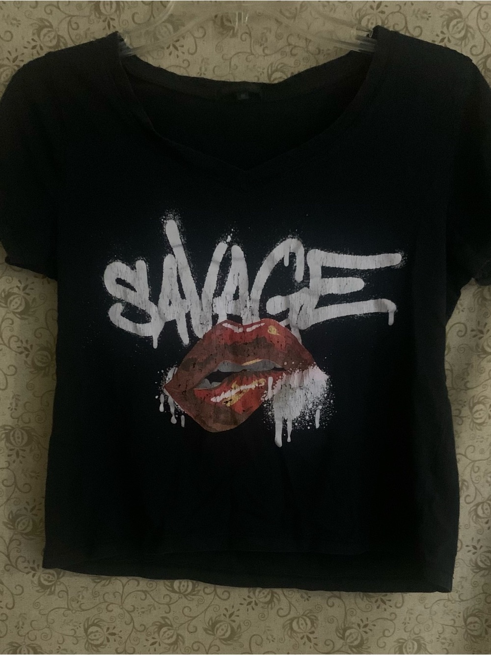 Black Savage Graphic Crop Tee with Red Lips
